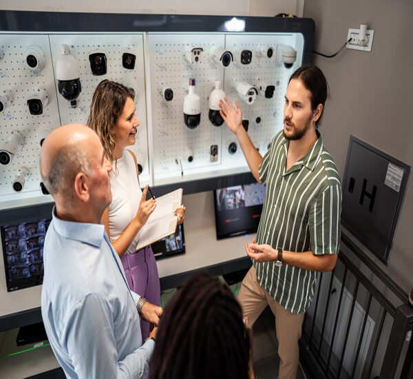 Man pointing to a demo wall with dozens of security cameras installed and explaining the different features to potential clients