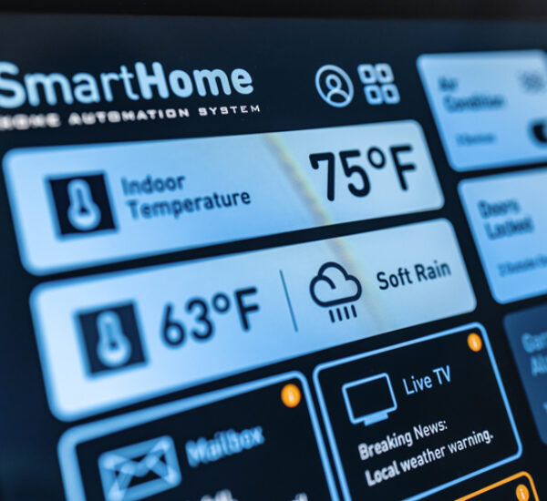 Digital tablet interface displaying a modern smart home automation system and represents the sophistication of smart home technology, combining convenience, safety, and energy efficiency in one unified system.
