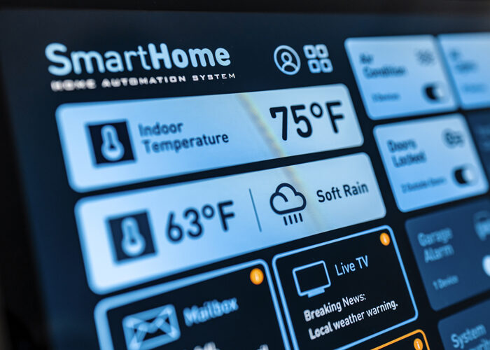 Digital tablet interface displaying a modern smart home automation system and represents the sophistication of smart home technology, combining convenience, safety, and energy efficiency in one unified system.