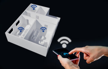 Controlling a smart home application on mobile phone. 3d model in the background. shows mesh Wi-Fi access points in each room of house.