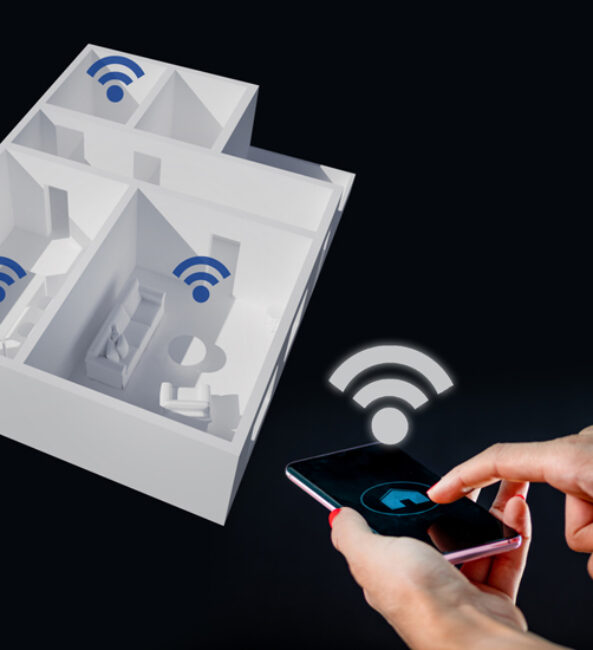 Controlling a smart home application on mobile phone. 3d model in the background. shows mesh Wi-Fi access points in each room of house.