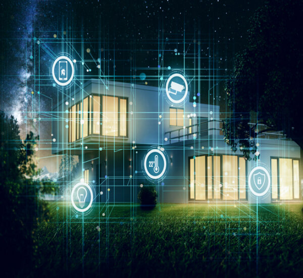 Brightly lit home with electronic symbols showing how your smart smart home devices connect to control lighting, security camera, alarm system, heating and air conditioning and other smart devices.