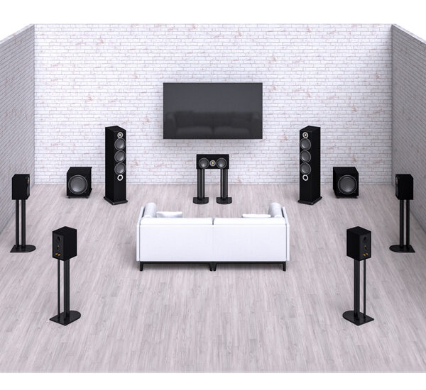 3-D rendering of a surround sound system showing a large flat screen tv, 7 surround sound speakers and two subwoofers with a couch positioned in the perfect spot for the best picture and sound experience.