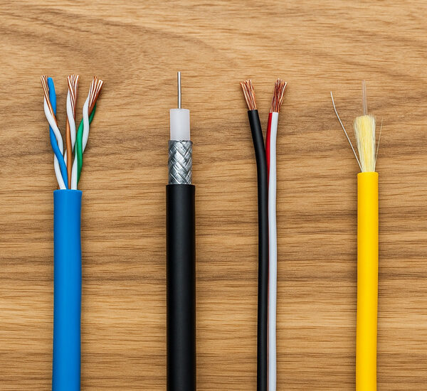 Low Voltage Wiring Types Including Cat 6 Ethernet, RG6 Coaxial, 14/2 Speaker Wire and Fiber Optic Cables